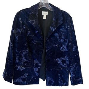 Chicos Blue Paisley Velvet Blazer Open Front Jacket Size 1 M Notched Lapel Lined